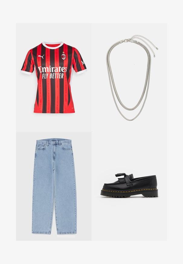 Röd och svartrandig fotbollsjersey med vit krage. Har Puma-logotyp, texten "Emirates Fly Better" och AC Milan klubbemblem på bröstet.; Ljusblå denimjeans med rak bendesign, midjehög midja, fem fickor samt knapp- och dragkedjestängning.; Svart läderloafer med en tofsdetalj, med en kraftig svart sula och gul söm längs kanten. Strukturerad yta.; Tre-lager silvermetallhalsband med eleganta, flexibla kedjor med en svag glans, säkrad med ett kräftklämma och justerbar kedja.