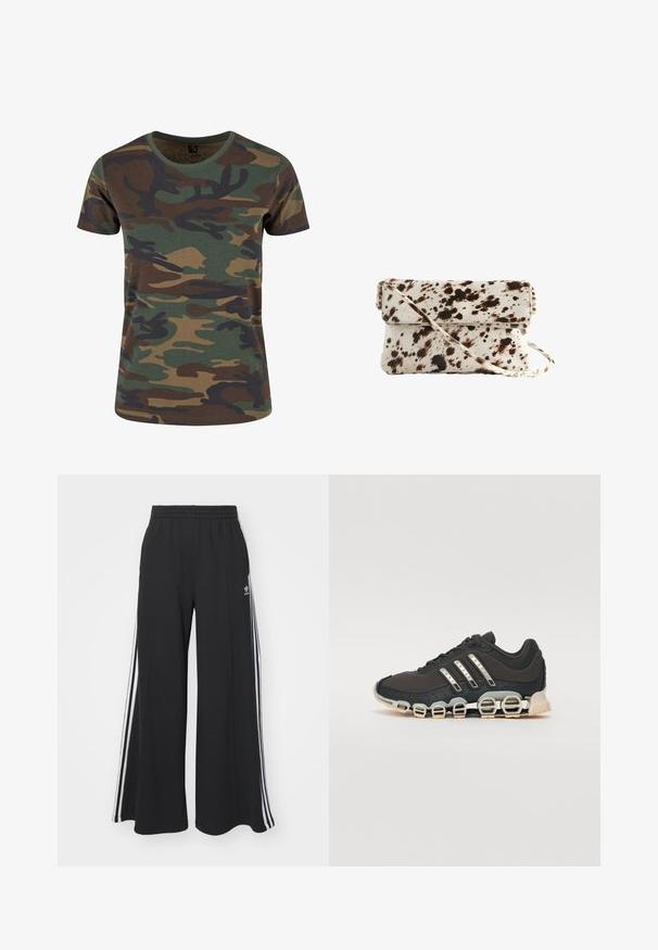 Brandit Apdrukāts T-krekls - woodland; Melnas plašas sporta bikses ar elastīgu jostasvietu, kurām ir baltas sānu svītras un izšūts logo kreisajā augšstilbā.; Melna sporta apavi ar teksturētu augšdaļu, trim sudraba svītrām un atšķirīgu amortizācijas zoli, kas sastāv no vairākiem integrētiem sekvencēm.; Govs cimdi ar krēmkrāsas pamatu un tumši brūniem plankumiem, taisnstūrveida forma, locīšana uz vāka un noņemams pleca siksna.
