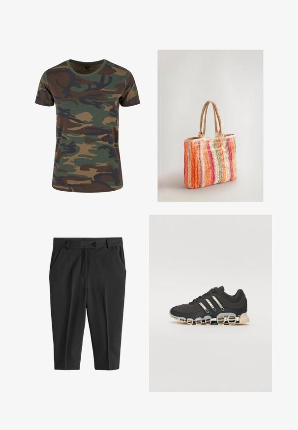 Brandit Apdrukāts T-krekls - woodland; Melnas šūtas bikses ar priekšējiem krokām, pogu aizdari un sānu kabatām. Gluda auduma, ar saīsinātu garumu un plūstošu siluetu.; Melna sporta apavi ar teksturētu augšdaļu, trim sudraba svītrām un atšķirīgu amortizācijas zoli, kas sastāv no vairākiem integrētiem sekvencēm.; Austa auduma soma ar oranžām, rozā, zaļām un krēmkrāsas svītrām, dubultām pītas rokturiem un teksturētu izskatu.