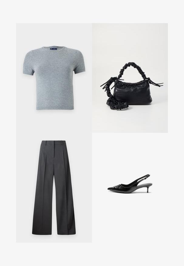 Tricou gri cu mânecă scurtă, fabricat dintr-un material tricotat moale, cu gât rotund și un design ajustat, cu cusături minime și fără modele.; Pantaloni culți din țesătură gri închis, cu talie înaltă, pliuri simple și o textură netedă, cu o finisare curată la tivuri.; Cizme slingback din piele neagră, cu vârf ascuțit, toc mic de tip kitten heel și un detaliu decorativ sub formă de nod în față. Textură netedă pe întreaga suprafață.; Geantă din faux leather neagră cu textură de crocodil, cu partea superioară strânsă și o curea mototolită. Pare moale și compactă ca design.