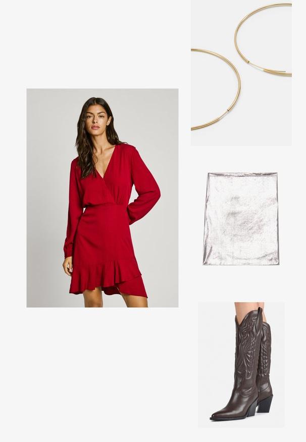 Metallic srebrna tkanina s glatkom teksturom i blago sjajna. Pravokutnog oblika, rubovi su uredno šiveni, bez istaknutih uzoraka ili naglasaka.; Crvena haljina omot s dugim rukavima, nabrano strukirana i s volanom na rubu. Teksturirana tkanina i dubok dekolte u obliku slova V. Pogodna za različite prigode.; Smeđe kožne kauboj čizme s šiljastim vrhom i blok-potpeticom, s detaljno izvezenim šavovima i uzdignutim naglascima na okovu.; Crna kožna clutch torbica s preklopom i zlatnim metalnim detaljem kopče. Uključuje crnu trakicu i elegantan, minimalistički dizajn.; Zlatne kružne naušnice, tanke i okrugle, s glatkom metalnom površinom bez ukrasa ili uzoraka.