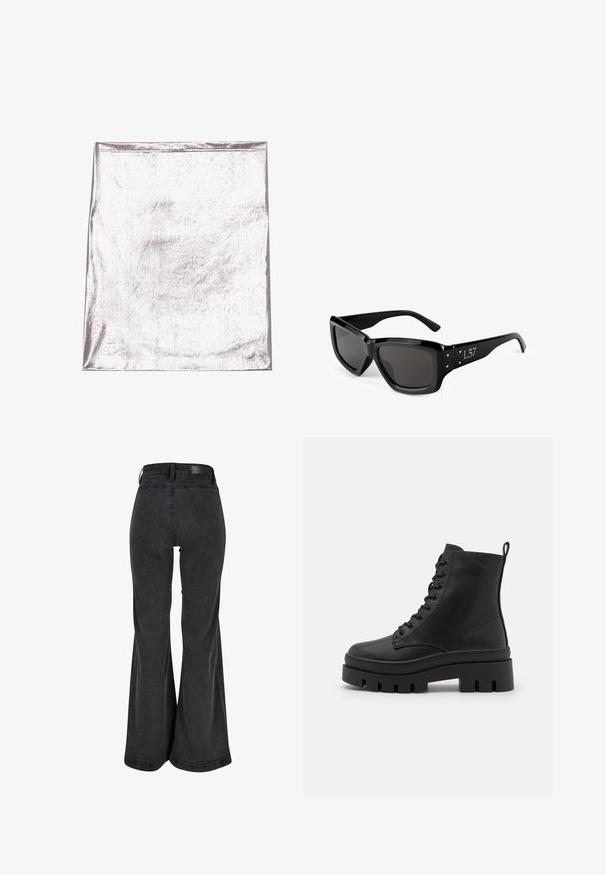 Tejido metálico plateado con una textura suave y un ligero brillo. Forma rectangular, bordes bien cosidos, sin patrones o acentos prominentes.; Top corto de piel sintética negra con textura arrugada y forma estructurada, que presenta una superficie suave y detalles de costura mínimos.; Vaqueros de campana negros con una textura suave, cintura alta y una etiqueta de marca en la parte trasera. Presenta un diseño de pierna ancha y costuras reforzadas.; Even&Odd Wide Fit Botines con plataforma - black; Gafas de sol negras con una montura rectangular, lentes oscuros y acentos triangulares en los laterales. Textura de plástico suave, diseño moderno.
