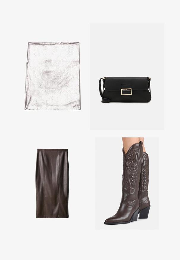 Tessuto metallico argenteo con una superficie liscia e una leggera lucentezza. Forma rettangolare, bordi ben cuciti, senza motivi o accenti prominenti.; Gonna a matita in pelle marrone con una texture liscia, lunga fino al ginocchio, caratterizzata da cuciture verticali per il design. Senza accessori o dettagli aggiuntivi.; Stivali da cowboy in pelle marrone con punta affusolata e tacco a blocco, caratterizzati da dettagliati ricami e accenti rialzati sul gambale.; Borsa a mano in pelle nera con patta e dettaglio in metallo dorato. Include una tracolla nera e un design elegante e minimalista.; Orecchini a cerchio color oro, sottili e rotondi, con una finitura metallica liscia e senza decorazioni o motivi.