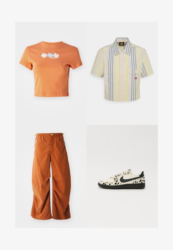 Lühikeste varrukatega puuvillane lühikesed oranž t-särk, mille esiküljel on valged ja helesinised tikitud lilled.; Lühikeste varrukatega lühendatud särk heledas kollases, millel on vertikaalsed rohelised ja pastelltriibud. Sellel on kaks rinna taskut ja logo silt vasakul taskul.; Oranžid laiad püksid elastse vöökohtaga, küljetaskudega ja lõtva tekstuuriga kangast, disainitud mugavuse ja liikuvuse tagamiseks.; Valged tenisers mustrilise mustade laikudega, must Nike Swoosh, lame paelad ja must kummitald. Klassikaline madal disain.