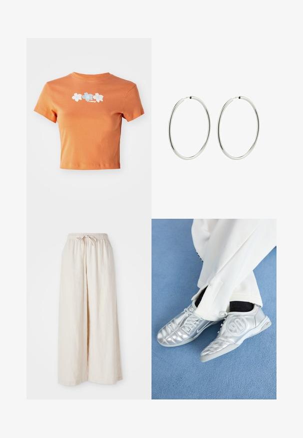 Lühikeste varrukatega puuvillane lühikesed oranž t-särk, mille esiküljel on valged ja helesinised tikitud lilled.; Laiad, kreemja värviga püksid elastse vöökoha ja paelaga. Sile ja kerge lina kangas, ilma nähtavate mustrite või riistadega.; Hõbedased spordijalatsid, millel on sile ja läikiv pind, eristuvad õmmeldud mustriga ning külje peal on number 90, millele on lisatud valged püksid.; Hõbedased rõngas kõrvarõngad, millel on sile ja poleeritud viimistlus. Ringikujuline, ühtlane laius, kerge kinnitamise jaoks. Lihtne ja elegantne.