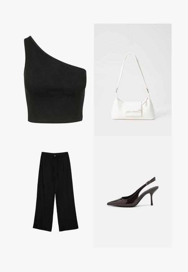 Musta ribattu crop-top, jossa on epäsymmetrinen yhdellä olalla oleva muotoilu. Kangas vaikuttaa pehmeältä, siinä on sileä pinta ja se on vartalonmyötäinen.; Mustat, kevyet, leveälahkeiset housut, joissa on joustava vyötärö ja kiristysnauha. Sileä tekstuuri, ei näkyviä kuvioita tai metalliosia.; Korkokenkät tummanruskeasta kiiltävästä patenttinnahasta, teräväkärkiset, avoimet sivut ja säädettävä nilkkaremmi.; Valkoinen synteettinen käsilaukku, jossa on kolmikulmainen muoto, tasainen etu läppä ja nauhadetail, säädettävä olkahihna, sileä rakenne ja minimalinen muotoilu.