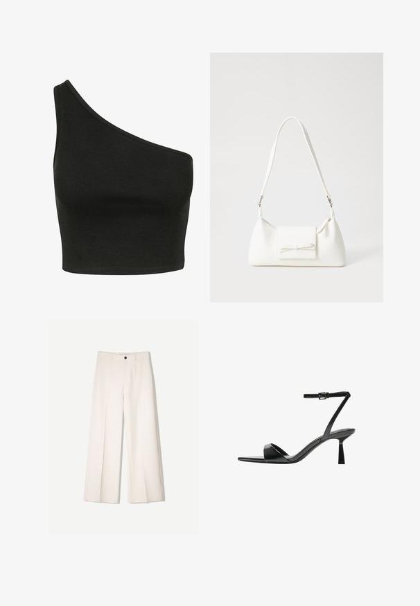 Čierny rebrovaný crop top s asymetrickým dizajnom na jednom ramene. Tkanina vyzerá mäkko, má hladkú štruktúru a priliehavý strih.; Krémové široké nohavice s nohavicami na mieru, s dvoma prednými vreckami a jedným predným zapínaním na gombík, vyrobené z hladkej tkaniny.; Bershka Sandále na vysokom opätku - black; Biela syntetická kabelka s trojuholníkovým tvarom, plochým predným klapkou a detailom mašle, nastaviteľným popruhom, hladkou textúrou a minimalistickým dizajnom.