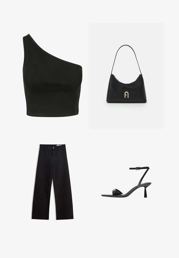 Schwarzes, geripptes Cropped Top mit asymmetrischem Ein-Schulter-Design. Der Stoff wirkt weich mit einer glatten Textur und hat eine taillierte Silhouette.; Schwarze weit geschnittene Jeans mit hoher Taille, ausgestattet mit Vorder- und Hintertaschen, gesteppten Nähten und einem Knopfverschluss. Glatte Textur.; Bershka High Heel Sandalette - black; Schwarze Handtasche aus glattem Material, mit geschwungener Form, einem einzigen Tragegurt und einem goldfarbenen Logoakzent auf der Vorderseite.