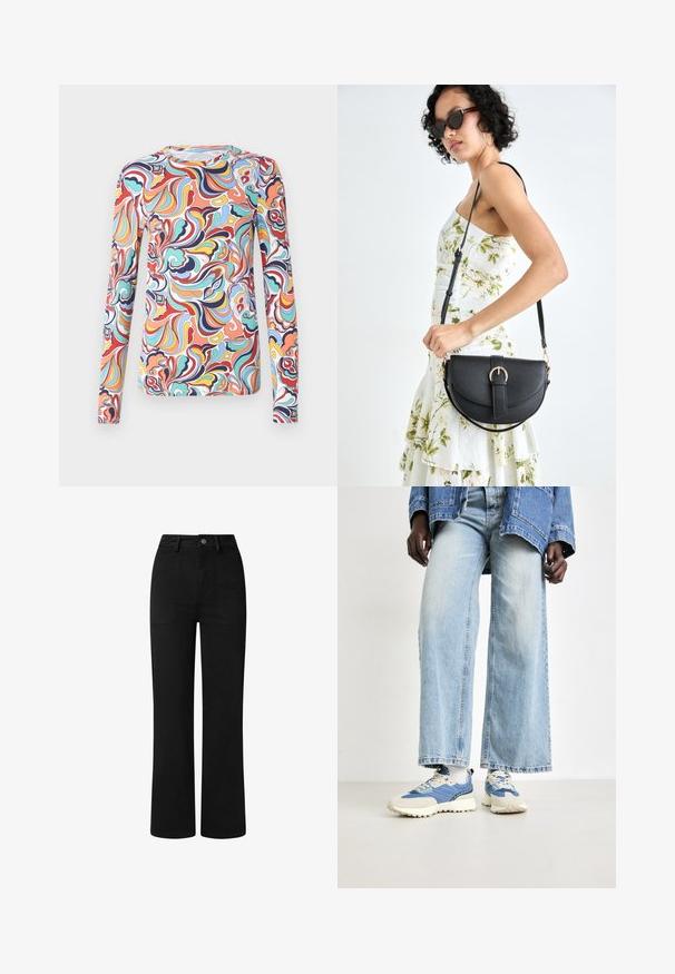 Fargerik langermet skjorte med et virvlende abstrakt mønster. Har rund halslinning og stretch-stoff med livlige farger som rødt og turkise.; Sorte, høy midje bukser med rett ben-design, laget av glatt bomullsstoff. Har frontlommer og en enkel metalldeksel.; Blå denim brede benjeans kombinert med blå og kremfargede sneakers med teksturert stoff og snørebånd, satt mot en nøytral bakgrunn.; Svart lærveske med en buet form, avtagbar stropp og gullbeslag. Vesken har et klaff med spenne-detall.