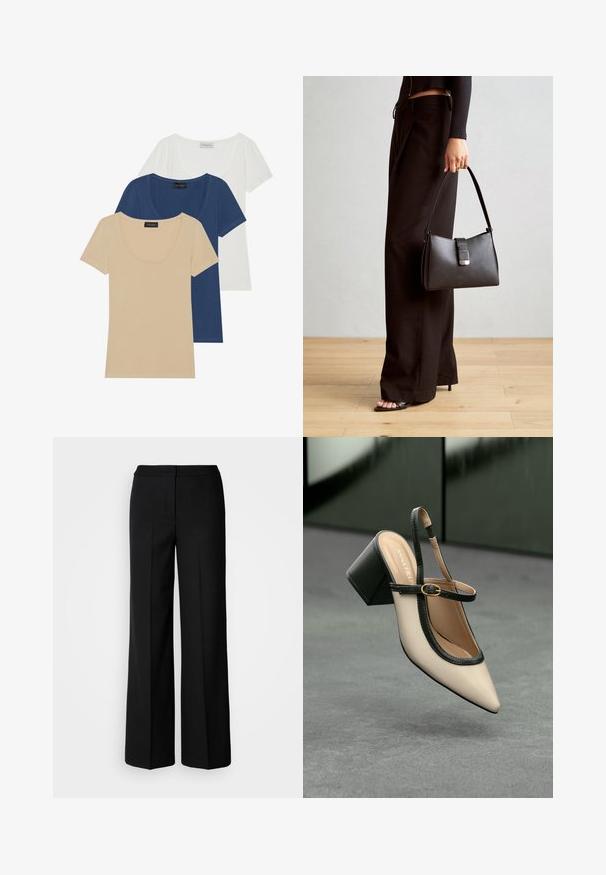 Kolm lühikese varrukaga T-särki beežis, tumesinis ja valges toonis. Ümmargune kaelus, sile materjal, igal särgil on nähtav brändi silt.; Mustad laiad püksid siledast kangast, millel on kõrge vöökoht, kohandatud õmblused ja minimalistlik kujundus. Ei ole nähtavat riistvara ega taskuid.; Beesidega teravatoe slingback king, musta äär ja kuldne pandla, tummise plokk-kontsa peal hallil põrandal tumesinise tausta ees.; Must musta kott, millel on struktureeritud kuju, sile tekstuur ja metallist klamber. Kombineeritud laiate mustade pükstega ja avatud varvaste sandaalidega puidust põrandal.