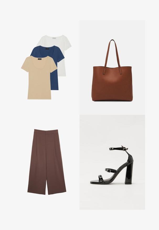 Kolme lyhythihaista t-paitaa beige, tummansininen ja valkoinen. Pyöreä kaula-aukko, sileä kangas, ja jokaisessa paidassa on näkyvä bränditag.; Ruskeat leveälahkeiset housut, joissa on sileä pinta, korkea vyötärö ja etupleat. Kangas on kevyttä ja laskeutuu väljänä.; Musta kiiltävä korkokenkä sandaalit neliönmuotoisella varpaalla, nilkkaremmillä ja hopeisilla soljilla. Varustettu tukevalla lohkokorkealla vakauden takaamiseksi.; Ruskea nahkainen olkalaukku, jossa on sileä pinta, avoin yläosa ja kaksi olkahihnaa. Omaavat vain minimaalisen ompelun eikä näkyvää metalliosaa.