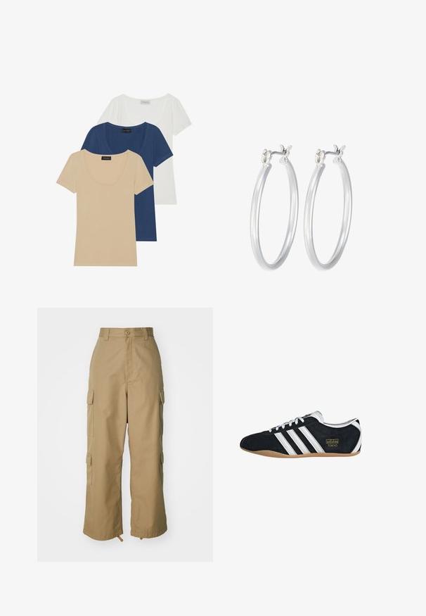 Tři trička s krátkým rukávem v béžové, námořnicky modré a bílé barvě. Hladký materiál s kulatým výstřihem a viditelnou značkovou štítkou na každém tričku.; Béžové cargo kalhoty s vysokým pasem, širokými nohavicemi a čtyřmi velkými bočními kapsami. Vyrobené z odolné tkaniny s hladkým povrchem a minimálními detaily.; Černé semišové tenisky s bílými třemi pruhy, zlatým logem a hnědou gumovou podrážkou. Mají nízkoprofilový design se šněrováním.; Stříbrné kruhové náušnice s hladkým, lesklým povrchem. Kulatý tvar a bezpečné zapínání na klip. Lehký design vhodný pro každodenní nošení.