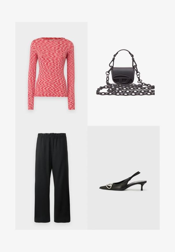 Mads Nørgaard SPACE TUBA TEE - Pikkade varrukatega topp - multi red; Mustad püksid, millel on laia säärega disain, elastne vöökoht koos nööriga ja sile, kerge kangas. Sisaldab küljetaskuid.; Must tassu mustast nahast, millel on terav varvas, hõbedane logoaksent ja väike konts. Sile tekstuur ja minimalistlik disain.; Väike must käekott, mis on valmistatud siledast nahast, ümar kuju, esipaneelil logo aktsent ja tekstureeritud kett.