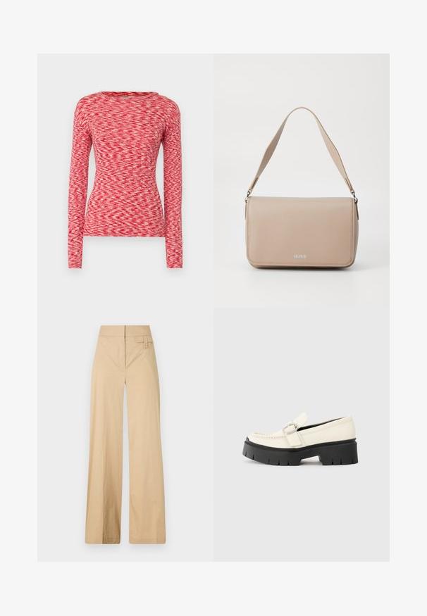 Mads Nørgaard SPACE TUBA TEE - Pitkähihainen paita - multi red; Hiekanväriset leveälahkeiset housut, jotka on valmistettu puuvillasekoituksesta. Niissä on sileä pinta, joustava vyötärö ja sivunappidetail.; Valkoinen nahkainen loafers-kengät, joissa on paksu musta pohja, esillä suorakaiteen muotoinen hopeinen solki ja näkyvät ompelusaumat päällä.; Beige nahkakäsi, jossa on sileä pinta, suorakaiteen muotoinen, säädettävä hihna ja hopeiset yksityiskohdat. Edessä on huomaamaton logo.