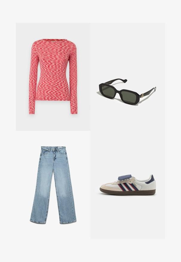 Mads Nørgaard SPACE TUBA TEE - Tops ar garām piedurknēm - multi red; Gaiši zili platās kājas džinsi, izgatavoti no denima, ar klasisku piecu kabatu dizainu un taisnu griezumu ar minimālu izbalējušās zonas uz kājām.; Balti sieta kedas ar bēšiem ādas akcentiem, tumši zilām un sarkanām svītrām, zilu siksnu un teksturētu brūnu gumijas zoli. Lieti plakanie auklas un polsterēta apkakle.; Melnas taisnstūrveida saulesbrilles ar tumši zaļiem stikliem, ar spīdīgu apdari un zelta logo akcentu sānos.