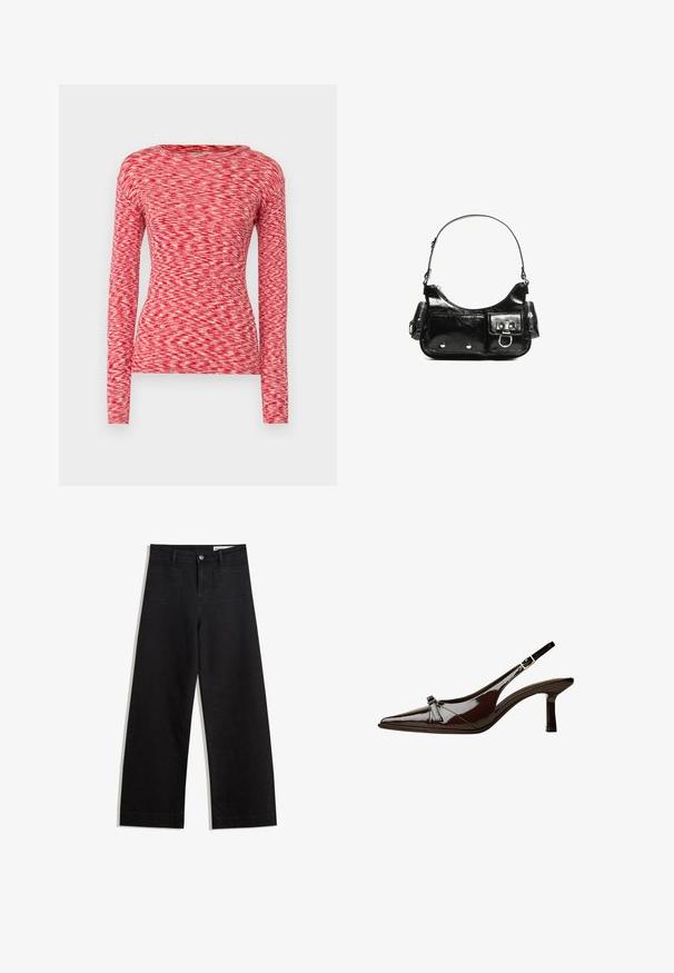 Mads Nørgaard SPACE TUBA TEE - Bluză cu mânecă lungă - multi red; Pantaloni din denim negri cu picioare largi, cu talie înaltă, având buzunare frontale și posterioare, cusături dublate și închidere cu nasture. Textură netedă.; Pantofii slingback din piele lăcuită maro, cu vârf ascuțit, toc mic și un accent decorativ sub formă de fundă în față. Textură netedă și strălucitoare.; Geantă de mână din piele lăcuită neagră, cu o formă curbată, un umăr, buzunare frontale și accente din metal argintiu.