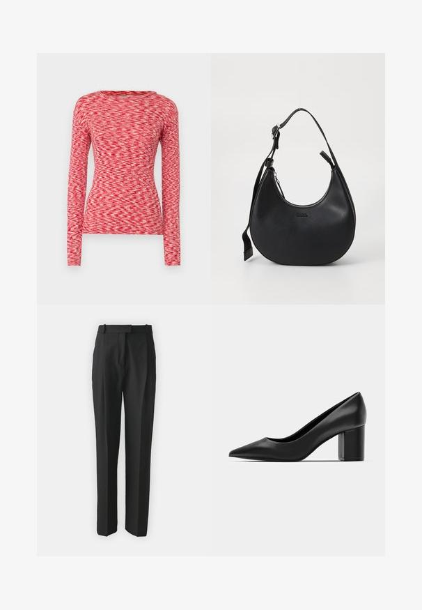 Mads Nørgaard SPACE TUBA TEE - Top s dlouhým rukávem - multi red; Černé kalhoty na míru vyrobené z lehkého materiálu, s rovnými nohavicemi, plochým předním dílem a poutek na opasek. Hladký povrch bez viditelných vzorů.; Černé kožené lodičky s špičatou špičkou a robustním čtvercovým podpatkem. Hladký povrch, jednoduchý design, vhodné pro formální prostředí.; Černá kožená taška přes rameno s křivkovým tvarem, zipovým uzávěrem a nastavitelním popruhem. Na přední straně je embosované logo značky.
