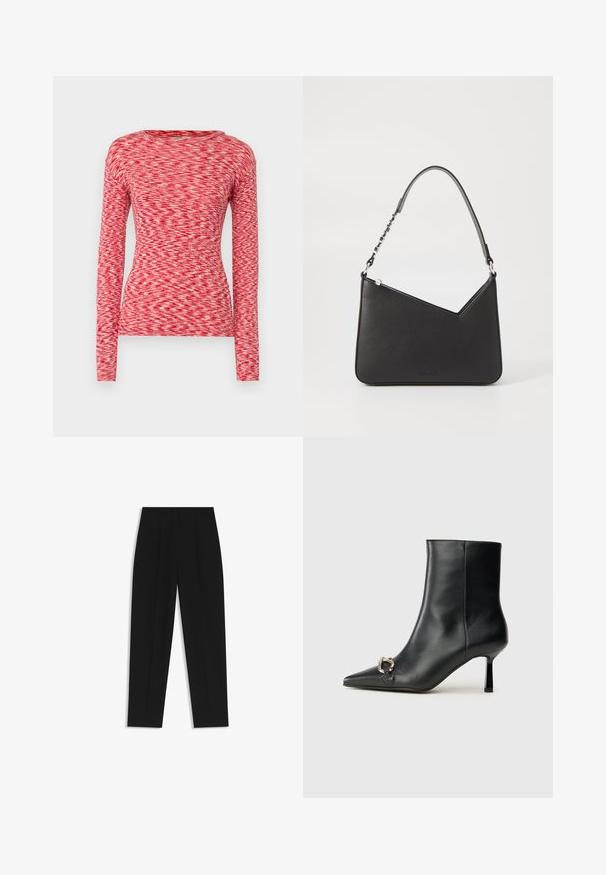 Mads Nørgaard SPACE TUBA TEE - Langarmshirt - multi red; Schwarze Hose mit geradem Schnitt, doppelten Falten, einer glatten Textur und einem klassischen Bunddesign. Keine sichtbaren Beschläge oder Akzente.; Schwarze Leder-Stiefelette mit spitzer Zehe, schlankem, mittelhohem Absatz und silberner Schnalle seitlich vor einem schlichten Hintergrund.; Schwarze Lederhandtasche in dreieckiger Form, mit schmalem Tragegurt und silbernem Zubehör. Sie verfügt über einen Reißverschluss und ein geprägtes Logo auf der Vorderseite.