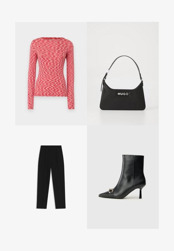Mads Nørgaard SPACE TUBA TEE - Langarmshirt - multi red; Schwarze Hose mit geradem Schnitt, doppelten Falten, einer glatten Textur und einem klassischen Bunddesign. Keine sichtbaren Beschläge oder Akzente.; Schwarze Leder-Stiefelette mit spitzer Zehe, schlankem, mittelhohem Absatz und silberner Schnalle seitlich vor einem schlichten Hintergrund.; Schwarze Lederhandtasche mit geschwungenem Design, silbernen Beschlägen und einem auffälligen "HUGO"-Logo auf der Vorderseite. Schlichte Textur und strukturierte Form.