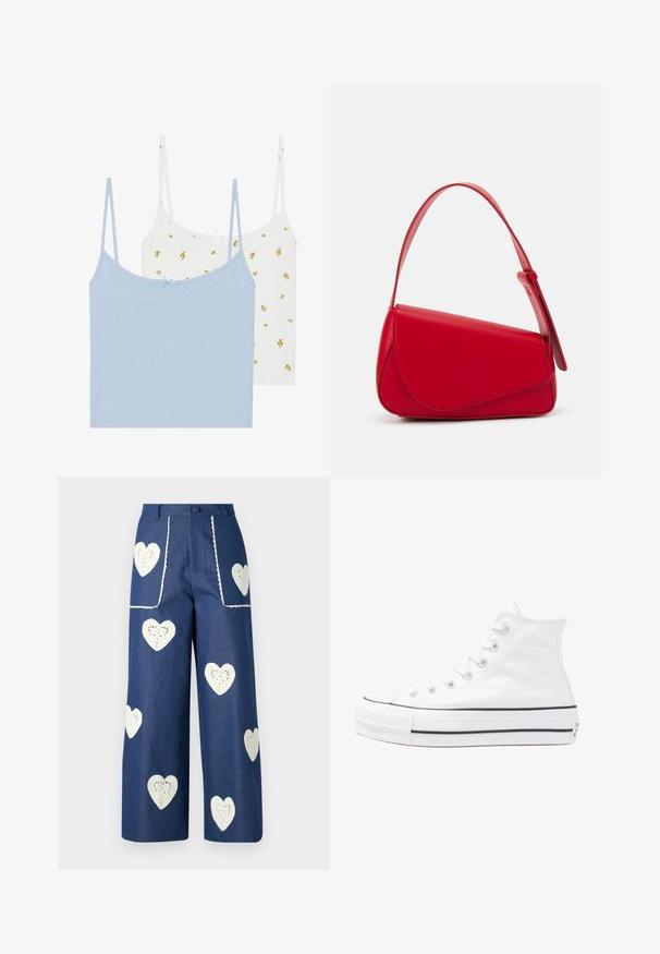 Dois tops, um azul claro e outro branco com padrões florais amarelos. Ambos apresentam tecido canelado e alças finas ajustáveis.; Blusa floral com mangas bufantes longas, base de creme claro, apresentando padrões florais em roxo, laranja e verde, e design de gola clássica.; Sister Jane HEART TO HEART - Calças de ganga de perna direita - blue denim; Sapatilha alta de tela branca com sola de borracha preta, bico de borracha na frente e seis ilhós para os atacadores, apresentando um design limpo e minimalista.; Bolsa de mão em couro vermelho com um design angular e geométrico. Apresenta uma única alça ajustável e um fecho com aba, com detalhes cosidos.