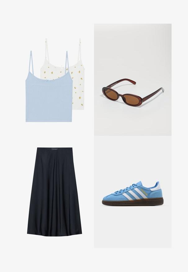 To camisoler, en lyseblå og en hvid med gule blomster mønstre. Begge har ribbet stof og tynde justerbare stropper.; Sort, knælang nederdel lavet af letvægtsstof med et svævende design. Har en glat tekstur og subtile plisseringer for en ekstra detalje.; Lyseblå ruskinds sneakers med hvide læderstribes, en brun struktureret sål og detaljer i guld. Lav-top design med rund tå.; Runde, bruntonede solbriller med en glansfuld bordeauxramme. Slanke arme med diskret brandingdetalje. Flad linsedesign.