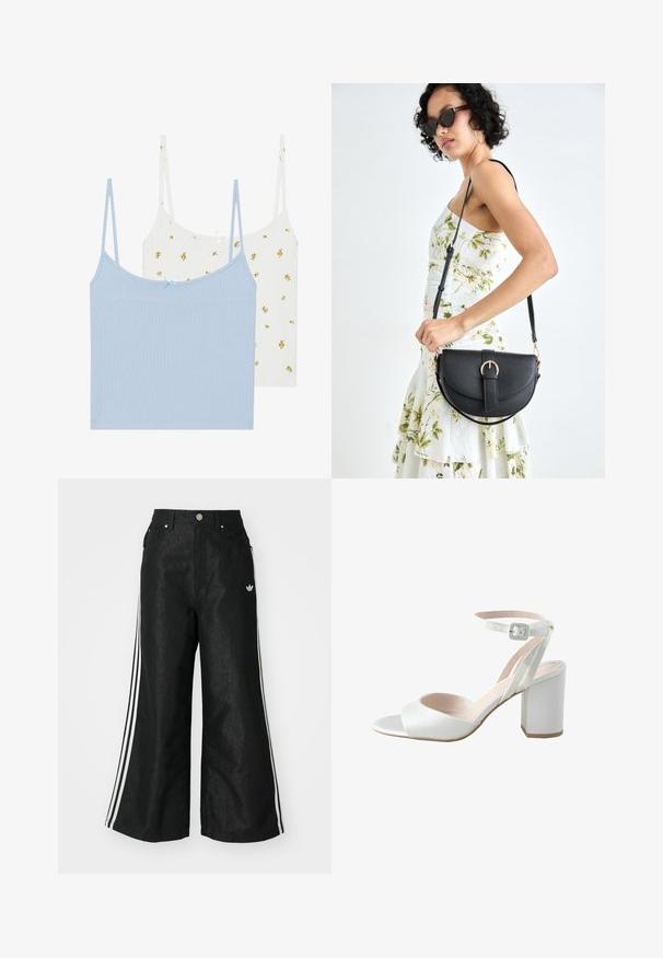 Kaks kampsunit: üks helesinine ja teine valge, millel on kollased lillemustrid. Mõlemad on valmistatud ribakangast ja neil on õhukesed reguleeritavad rihmad.; Mustad mustadeline denimipüksid, millel on kummalgi küljel kolm valget triipu ja väike valge logo. Omab esikotte ja nööbiga kinnihoidmist.; Valge kõrge kontsaga sandaal läikiva satiinist pealsega, laia ploki kontsaga ja sääre nööriga, kus on väikene kinnitussalne. Pehme tekstuuriga, minimaalne disain.; Mustmust mustraha kõverate joontega, eemaldatava rihmaga ja kuldsete detailidega. Kotil on klapp, millel on pandladetail.