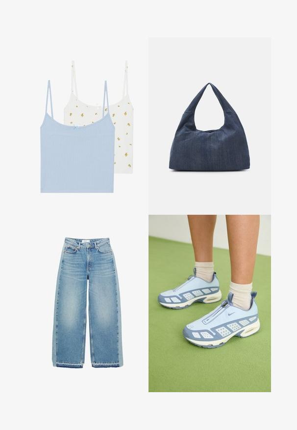 Due camisole, una blu chiaro e una bianca con motivi floreali gialli. Entrambe presentano tessuto a coste e sottili spalline regolabili.; Jeans azzurri a gamba larga realizzati in denim, con vita alta, chiusura con bottone, tasche anteriori e orlo grezzo.; Scarpe da ginnastica azzurro chiaro con dettagli bianchi, pannelli testurizzati e chiusura con zip. Presentano una suola con imbottitura ad aria visibile e una suola in gomma.; Borsa in denim blu scuro con una forma morbida e flessibile, caratterizzata da un manico in stile hobo e una superficie testurizzata. Senza accenti hardware visibili.