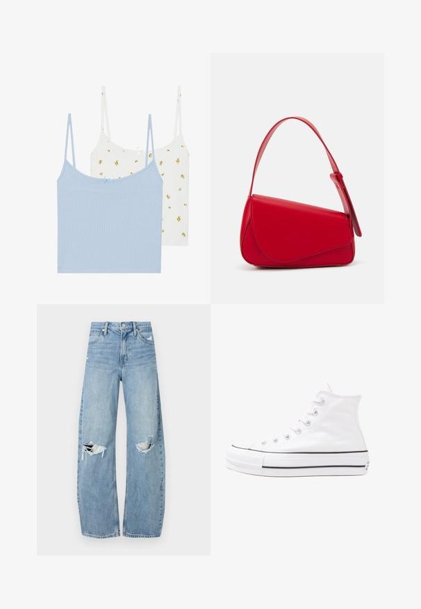 Zwei Trägerhemden, eines hellblau und eines weiß mit gelben Blumenmustern. Beide haben einen gerippten Stoff und dünne verstellbare Träger.; Helles, hochtailliertes Jeans aus Denim. Hat weit geschnittene Beine, zwei aufgerissene Kniebereiche und klassischen Fünf-Taschen-Stil.; Weiße hochwertige Leinensneaker mit schwarzer Gummisohle, vorderem Gummizehenschutz und sechs Ösen für Schnürsenkel, die ein sauberes, minimalistisches Design aufweisen.; Rote Lederhandtasche mit einem kantigen, geometrischen Design. Verfügt über einen verstellbaren Schulterriemen und einen Klappenverschluss mit genähten Details.