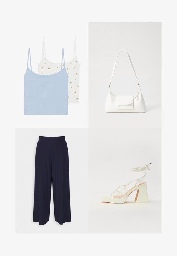 Dos camisetas de tirantes, una de color azul claro y otra blanca con patrones florales amarillos. Ambas cuentan con tejido acanalado y tirantes delgados ajustables.; Pantalones de pierna ancha en tejido de un oscuro color navy con una textura acanalada. Presenta una cinturilla suave y una silueta fluida, llegando a la altura de las pantorrillas.; Sandalia de tacón alto blanca con un tacón grueso, que presenta un diseño de tiras y un lazo en el tobillo. Textura suave con una plataforma en la parte delantera para mayor altura.; Bolso sintético blanco con forma triangular, tapa frontal plana y detalle de lazo, correa ajustable, textura suave y diseño minimalista.