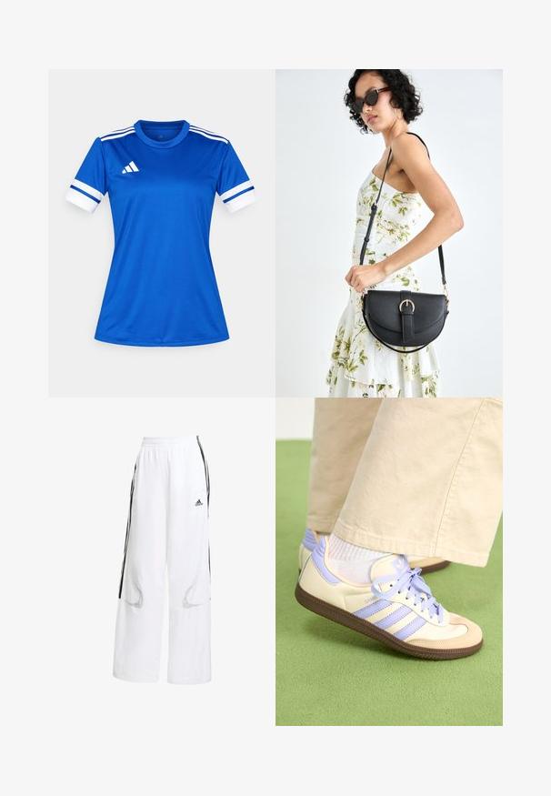 Plava atletska majica napravljena od glatkog, laganog materijala. Ima bijele detalje na kratkim rukavima i tri horizontalne pruge na ramenima.; Bijele sportske hlače s laganim krojem, s crnim bočnim prugama, elastičnom pasicom i mrežastim izrezima za ventilaciju.; Kremasto-ljubičaste tenisice s tri pruge i strukturiranim smeškim potplatom, s vezicama i podstavljenim petom. Mekana gornja tkanina.; Crna kožna torba s lukovitim oblikom, odvojivim remenom i zlatnim detaljima. Torba ima preklop s kopčom.