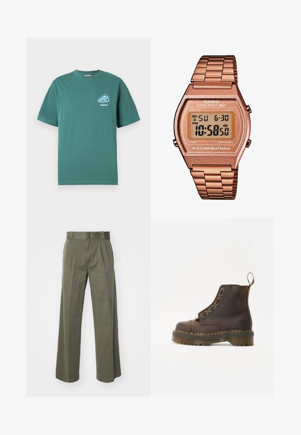 Roheline puuvillane T-särk lühikeste varrukatega, vasakul rindkerel on väike, värviline graafiline disain. Kerge, tavaline lõige.; Olivroheline püksid, millel on vabalt langev, laia säärega disain ja ees olevad voldid. Valmistatud tekstuursed kangast, tavalise vöökoht ja ilma nähtavate riistadega.; Pruun nahast pahkluu saapad ümmarguse varbaga, kontrastsete kollaste õmblustega, dekoratiivsete metallist silmadega ja soonilise kummitaldiga.; Digi Casio kell, roosakullast metallist rihmaga, ristkülikukujuline korpus, valgustatud kuva ja veekindel, näitab kellaaega ja kuupäeva.