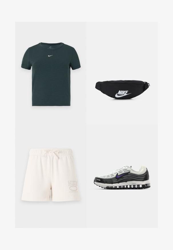 Mørkegrønn t-skjorte med korte ermer laget av myk bomull, med en hvit Nike-logo på brystet og klassisk rund hals.; Lys beige bomullsshorts med elastisk midjebånd, justerbar snorfeste og "NIKE SPORTSWEAR" logo trykket i lys brun på siden.; Nike Air Max-sneaker med et hvitt mesh-overdel, svarte detaljer, lilla logo, buet design og synlig luftdemping i sålen.; Svart nylon belteveske med glidelås, med en stor hvit Nike-logo. Jevn tekstur og ergonomisk design for komfortabel bruk.