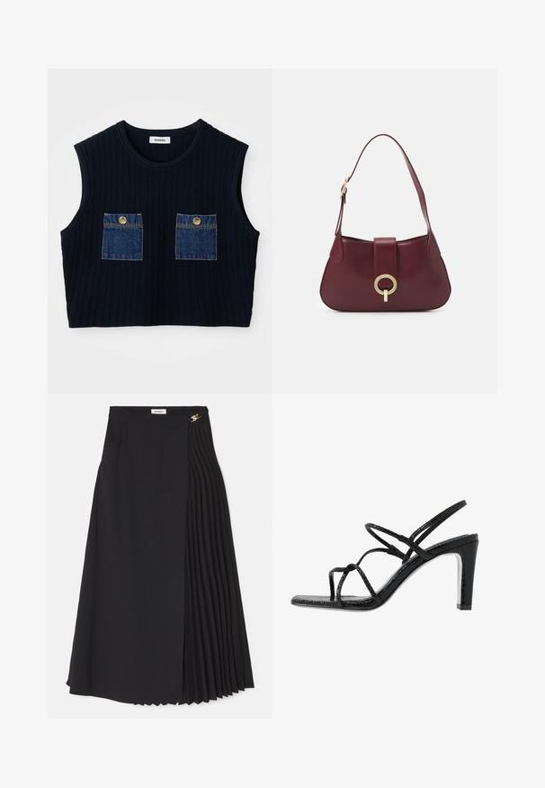 Jūrinės dažytos be rankovių marškiniai su dviem džinsiniais kišenėmis, puoštais auksinėmis mygtukais. Apvalus iškirpimas ir trumpas dizainas.; Juodas midijonas su raukiniais vienoje pusėje, pagamintas iš lengvos medžiagos, su paslėptu užtrauktuku ir šoninėmis kišenėmis.; Juodi aukšti sandalai su plonomis dirželėmis, tekstūruotu paviršiumi, atvira kojų pirštų dalimi ir elegantišku, smailiu kulnu. Yra lygus įdėklas ir blizgus paviršius.; Burgundi odos rankinė su kreiva forma, auksiniu apvaliu detaliu ir vienu peties dirželiu. Lygus paviršius, minimalistinis dizainas.