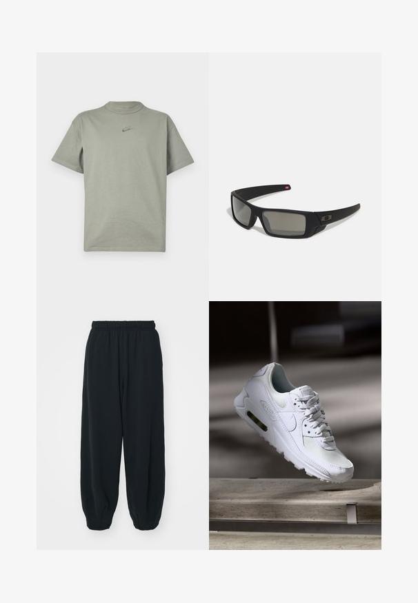 Šviesiai pilkas medvilnės marškinėliai su apvaliu iškirpimu ir trumpomis rankovėmis. Ant krūtinės yra mažas, siuvinėtas Nike logotipas.; Juodi, su elastiniu juosmeniu sportiniai kelnės su laisvu siluetu, suapvalintais kulkšnimis, lygia tekstūra ir be matomų raštų ar metalinių akcentų.; Baltos Nike Air Max 90 sportbačiai su.comi ir odos viršumi, perforuota pirštų dėžute ir matomu oro pagalvėle kulne.; Juodi akiniai saulės su matinio paviršiaus užbaigimu, stačiakampiai lęšiai, švelnus lenkimas ant šventyklų, subtilus logotipo detalizavimas ir dūminiai lęšiai.