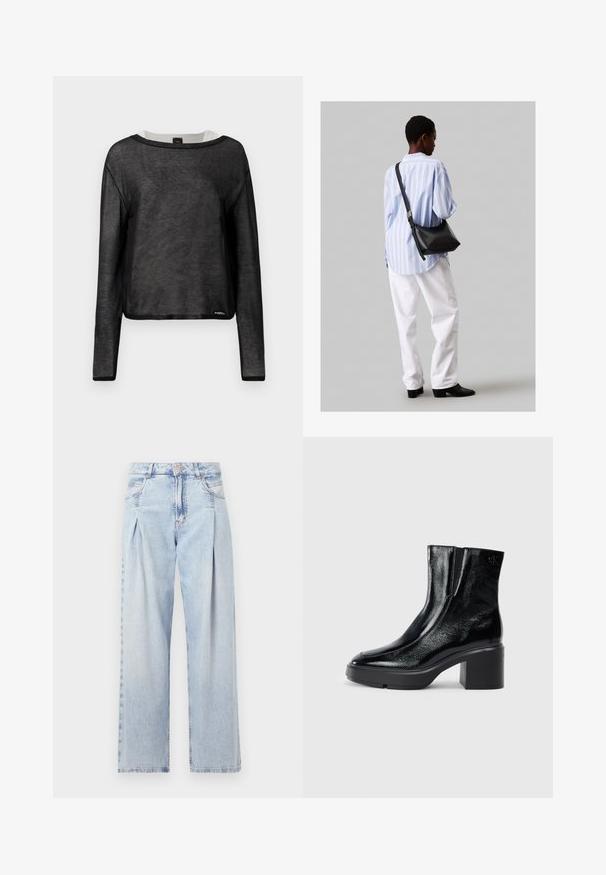 Fekete hosszú ujjú blúz laza fazonnal, áttetsző anyagból készült. Kerek nyakkivágással és kontrasztos fehér díszítéssel rendelkezik, az alján pedig egy kis logó található.; Világoskék farmernadrág magas derekú, bő szabású, két oldalsó zsebbel és pliszírozott dizájnnal. Puha tapintású, elhalványított felület.; Fekete lakkbőr bokacsizma ívelt orral, elasztikus oldalpanelek és vastag blokk sarkal. A hátsó részen dombornyomott logó található.; Fekete bőr válltáska puha tapintással, háromszög alakú, állítható pánttal, világoskék csíkos inggel és fehér nadrággal párosítva.