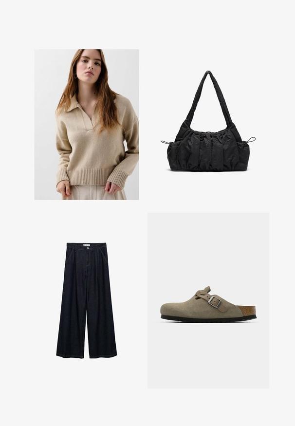 Pulover tricotat bej cu guler, manșete și tiv din tricot cu nervuri. Textură moale și croială lejeră. Modelul stă în fața unui fundal neutru.; Pantaloni largi din denim închis, cu talie înaltă, având un închidere cu nasture frontal, două buzunare laterale și detalii de cusătură.; Saboturi din suede de culoare verde măsliniu deschis, cu o talpă din plută și cauciuc modelată. Au o curea laterală cu o cataramă metalică și un vârf rotund.; Geantă de mână din țesătură neagră cu textură pliată, două curele de umăr și închidere cu șnur pe laterale. Material neted și ușor.