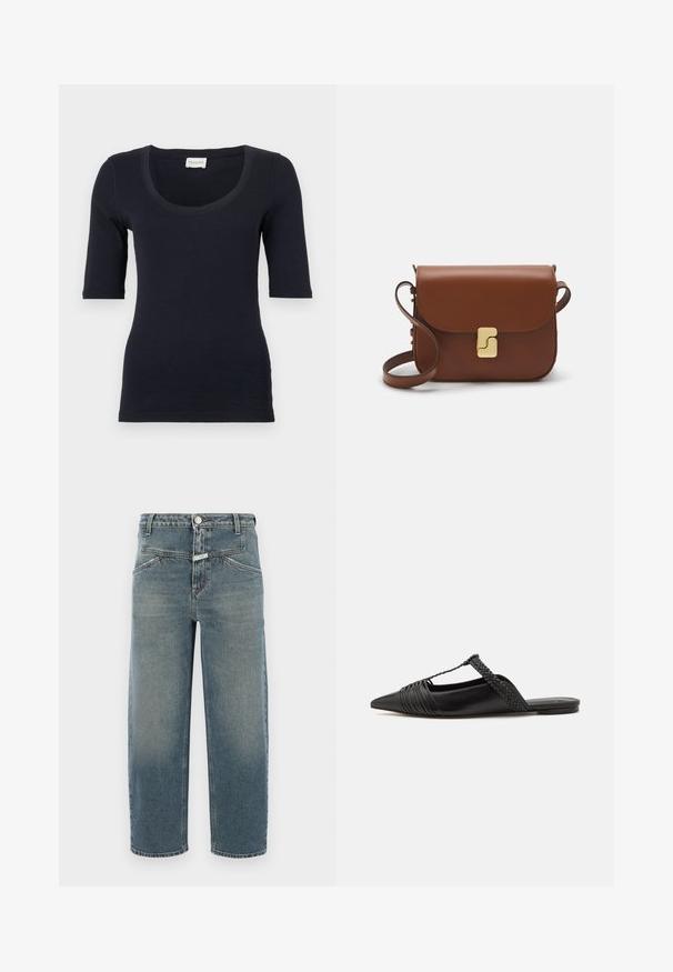 Námořnická modrá, dobře padnoucí tričko s kulatým výstřihem a rukávy o délce tří čtvrtin. Vyrobeno z měkké, elastické tkaniny pro pohodlí.; CLOSED STOVER X - Zúžené džíny - mid blue; Černé kožené slingback boty se špičatou špičkou, s tkaným akcentem a plisovaným designem svršku. Plochá podešev s minimálním kovovým zapínáním.; Hnědá kožená kabelka s klopou, zlatými kovovými detaily, ramenním popruhem a hladkým povrchem. Kompaktní obdélníkový tvar.