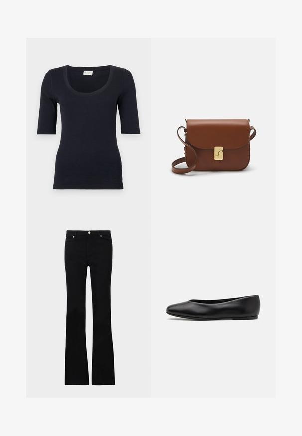 T-shirt ajustado azul marinho, com decote em forma de U e mangas de três quartos. Feito de um tecido suave e elástico para conforto.; Calças pretas de ganga em corte flare, com dois bolsos frontais, fecho com botão e uma textura suave. Costura característica visível nas costuras.; Paul Smith TOPANGA - Sabrinas - black; Bolsa de couro castanho com fecho de aba, decoração em tom dourado, alça de ombro e textura suave. Formato retangular compacto.