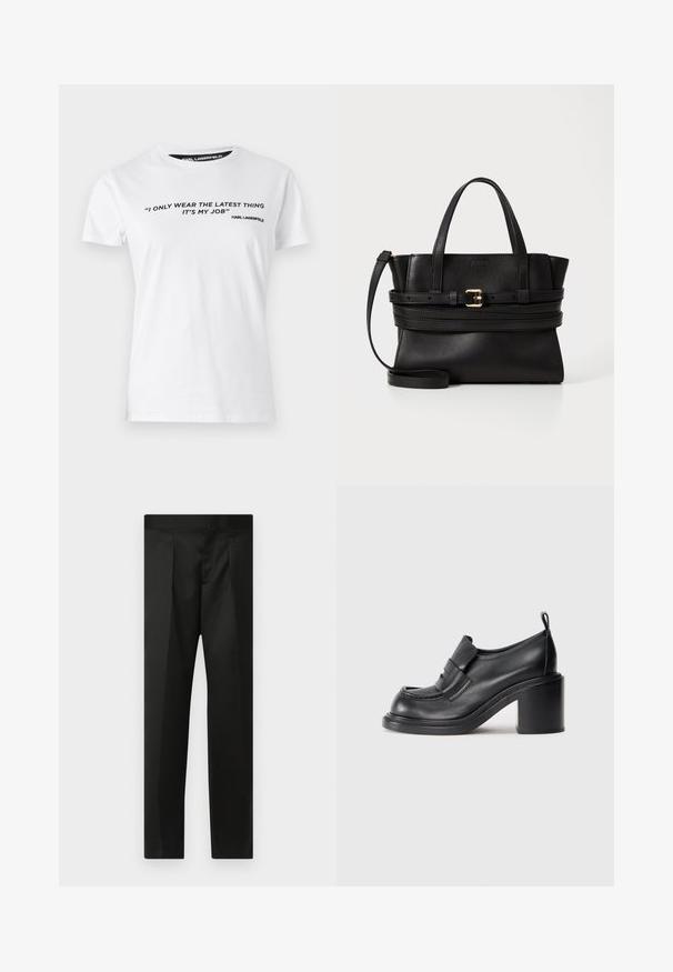 Balta medvilninė marškinėliai trumpomis rankovėmis su juodu atspauduotu tekstu, citata priekyje ir žymekliu su 'KARL LAGERFELD' ant kaklo.; Juodos kelnės su lygiu audiniu, pritaikytu dizainu, tiesiomis kojomis ir plokščiu juosmeniu be matomų užsegimų ar kišenių.; Juodi odiniai aukštakulniai batai su apvaliu nosiu, ryškiu diržu per vampą ir masyviu kulnu. Lygi tekstūra su minimaliais siūlais.; Juodas odinis rankinukas su struktūrizuota forma, dviem viršutinėmis rankenomis, nuimamu dirželiu ir auksiniu užsegimu horizontalioje juostoje.