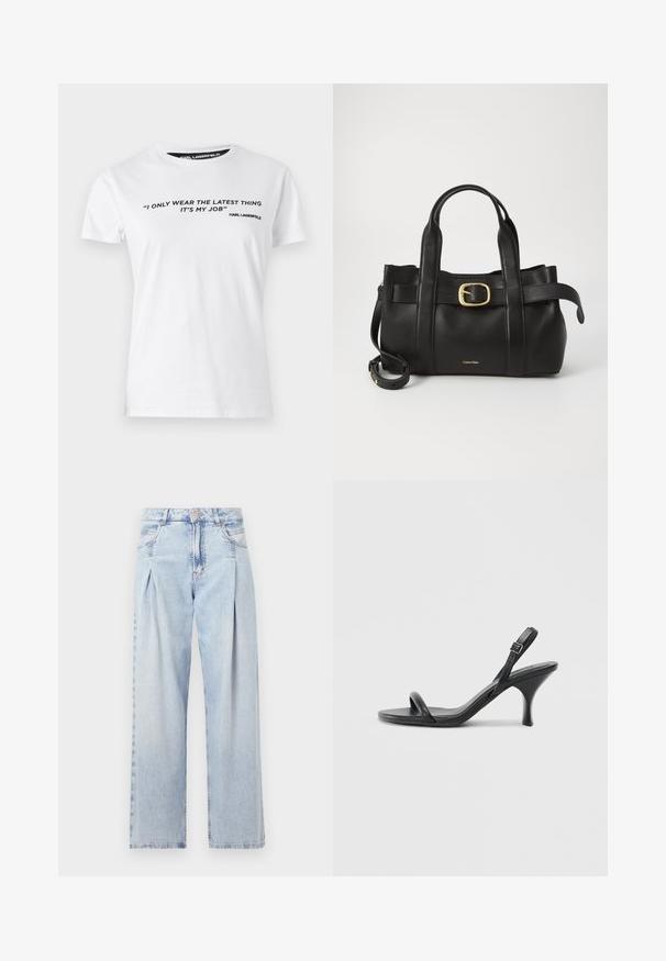 Hvid bomulds T-shirt med korte ærmer, med sort trykt tekst og citat på forsiden, samt et mærketikette med 'KARL LAGERFELD.'; Lyseblå denim jeans med høj talje, bred benåbning, to sidelommer og plisseret design. Blød tekstur med et falmet finish.; Sorte læder højhælede sandaler med en slank, buet hæl og et krydset stropdesign. Justerbar ankelrem. Glat tekstur.; Sort læderhåndtaske med et struktureret design, dobbelte toppegreb, guldtonet spændeaccents og præget logo på forsiden.