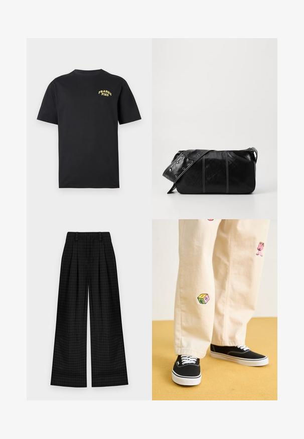 Sort kortærmet bomuld t-shirt med gul "FRANKS PIES" tekst på den øverste venstre bryst.; Sorte ternede brede bukser med læg, der har en glat tekstur og klassisk design. Letvægtsstof for komfort.; Beige bomuldsbukser med legende broderede designs, herunder en lyserød karakter og farvede blokke, parret med sorte snørebåndssneakers.; Sort læder skuldertaske med lynlås, der har en tekstureret overflade, hvid syning og en rem med sølvøskner.