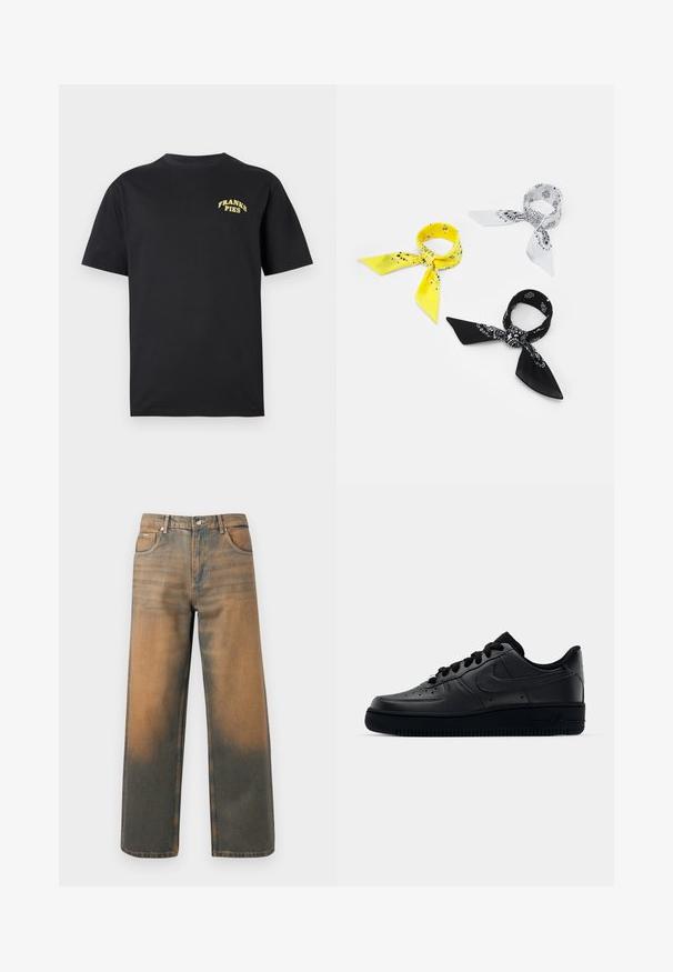 Must jämeda käistega must puuvillane T-särk, millel on kollane "FRANKS PIES" tekst vasakul ülanurgas.; Laia teksad kulunud sinises ja pruunis denimis. Omavad kõrget vöökohta, eespooltaskuid ja klassikalist nupuga sulgemist metallist aktsentidega.; Mustad Nike Air Force 1 tossud musta sileda nahast, perforatsioonidega varvas hingavuse tagamiseks, mustad paelad ja tekstureeritud kummitald.; Kolm bandaanat: üks kollane mustade mustritega, üks valge mustade disainidega ja üks must valgete graafikatega. Kõik on ruudukujulised ja kerged kangad.