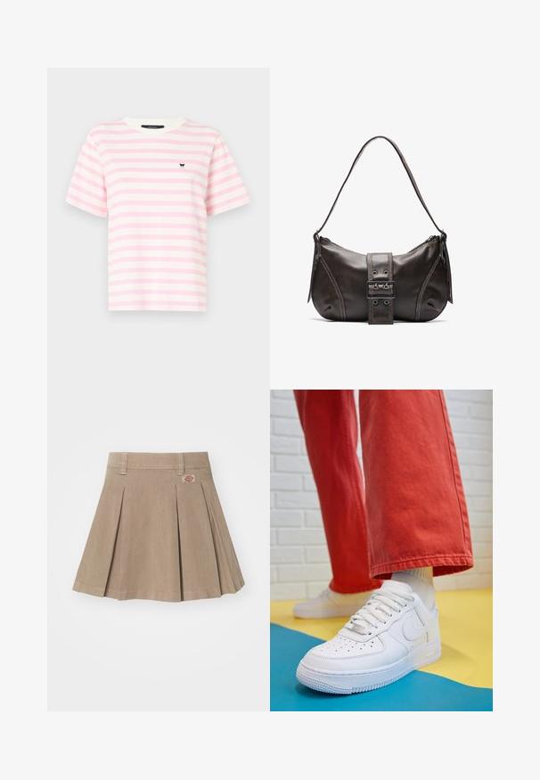 Raias īsām piedurknēm T-krekls maigi rozā un baltā krāsā, izgatavots no kokvilnas. Tam ir apaļa kakla izgriezuma forma un neliels melns logo uz krūts.; Bežs kroku svārki, kas izgatavoti no teksturēta auduma. Ir jostasvieta ar jostu cilpām un logo uzšuvums kreisajā priekšējā pusē.; Baltās ādas kedas ar perforētu purngalu, teksturētu zoli un baltām auklām, apvienotas ar platām sarkanām biksēm un zilu un dzeltenu fona.; Brūna ādas plecu soma ar izliekta formu, kas izceļas ar izteiktu sprādzes detaļu, kontrastējošām šuvēm un vienu plecu siksnu.