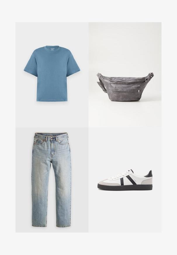 Modré tričko s krátkým rukávem, vyrobené z bavlny, s kulatým výstřihem a volným střihem. Hladká textura, minimalistický design, bez vzorů nebo akcentů.; Svetle modré džíny z denimu s vysokým pasem, předním knoflíkem, zipem a designem s pěti kapsami, ležící rovně na neutrálním pozadí.; Bílé tenisky s černými a šedými akcenty, opatřené texturovaným šedým prstovým krytem, černou gumovou podrážkou a plochými bílými tkaničkami. Čistý design, minimalistický styl.; Šedý semišový ledvinka s kulatým tvarem, dvěma zipovými přihrádkami a nastavitelným popruhem. Obsahuje kovové akcenty.