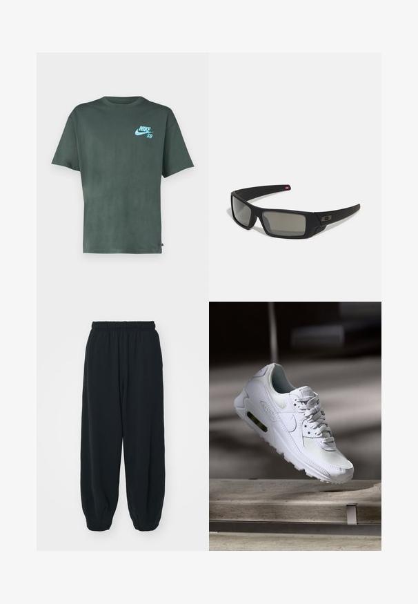 Nike SB TEE SPIDER - T-shirt med print - vintage green; Svarta, elastiska sweatpants med lös passform, mudd vid anklarna, slät textur och utan synliga mönster eller detaljer i metall.; Vita Nike Air Max 90 sneakers med en ovandel i mesh och läder, perforerad tåbox och en synlig luftenhet i hälen.; Svarta solglasögon med matt yta, rektangulära linser, lätt kurva vid skalmarna, diskret logotypdetalj och rökfärgade linser.