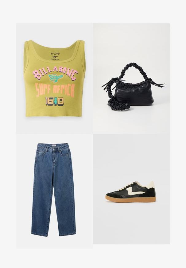 Top de tanque verde cropped com o texto "Billabong Surf Africa 1640" em rosa, laranja e multicolorido, e um pequeno logo no centro da frente.; Jeans de denim azul clássicos com um design de perna reta, cinco bolsos e fecho de botão. Apresenta um tratamento médio e uma textura resistente.; Sapatilha em camurça e couro pretos com um swoosh lateral em creme e um calcanhar em creme claro. Apresenta atacadores bege e uma sola de borracha tipo gum.; Bolsa de mão em couro sintético preto com textura de crocodilo, topo franzido e alça enrugada. Apresenta um design suave e compacto.
