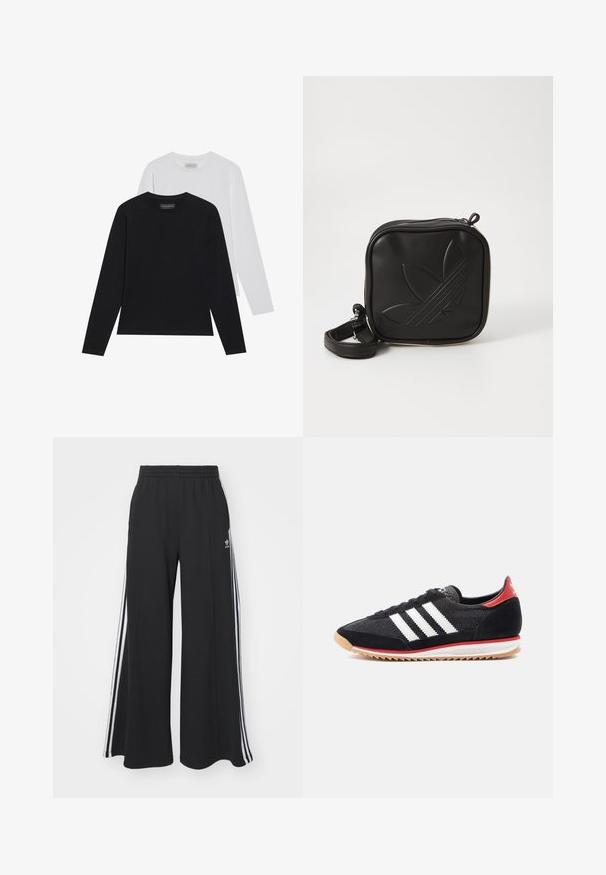 Zwei Langarmshirts: eines schwarz und eines weiß. Beide haben einen runden Ausschnitt und eine glatte, gerippte Textur. Markenlabel im Ausschnitt sichtbar.; Schwarze weite Sweatpants mit elastischem Bund, versehen mit weißen Seitestreifen und einem gestickten Logo auf dem linken Oberschenkel.; Schwarzer Sportschuh mit weißen Streifen, Wildlederakzenten und rotem Fersenbereich. Mesh-Oberfläche und Gummisohle mit hellbraunem Profil.; Schwarze Umhängetasche aus strukturiertem synthetischem Material. Verfügt über ein eingeprägtes Logodesign und einen verstellbaren Riemen. Mit Reißverschluss geschlossen.