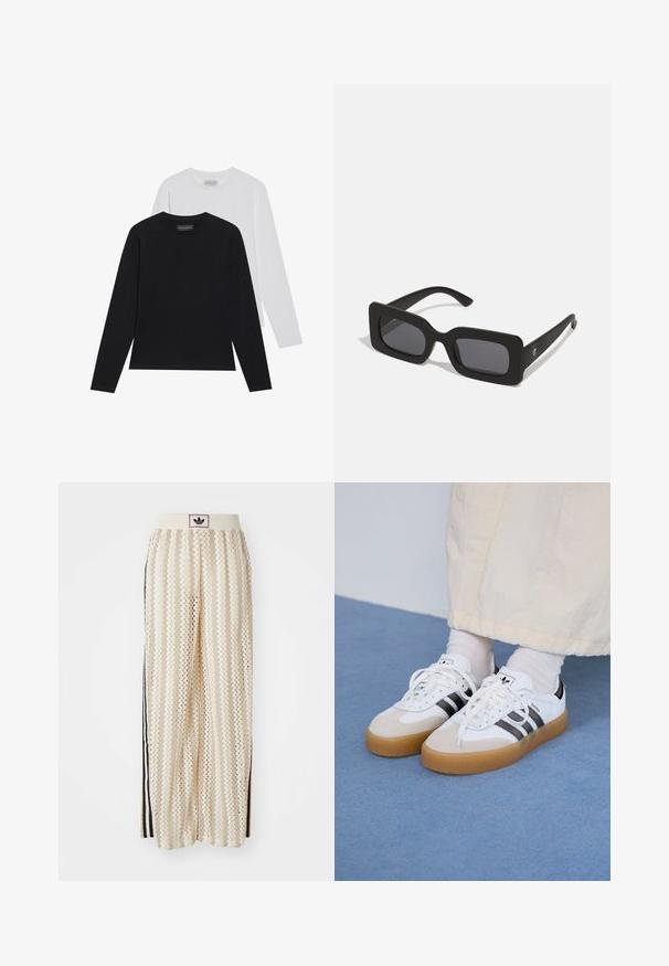 Duas blusas de manga longa: uma preta e uma branca. Ambas apresentam um decote redondo e uma textura lisa e canelada. Etiqueta da marca visível na parte interna do decote.; Calças largas de cor creme com um padrão em zigzag, apresentando uma cintura com logotipo preto e riscas laterais pretas. Tecido leve e texturizado.; Ténis brancos com riscas pretas e detalhes em camurça bege. Apresentam uma sola de borracha texturizada e atacadores brancos lisos, usados com meias de tom claro.; Óculos de sol pretos com uma armação quadrada chunky, lentes escuras e um acabamento mate. Apresenta uma ponte ligeiramente curva e hastes elegantes.