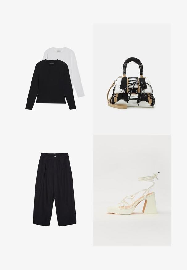 Dwie bluzki z długim rękawem: jedna czarna, a druga biała. Obie mają okrągły dekolt oraz gładką, żebrowaną teksturę. Metka marki widoczna wewnątrz dekoltu.; Czarne spodnie culotte z poliestru z elastycznym pasem, dwoma fałdami z przodu i luźnym krojem. Brak widocznych wzorów lub elementów metalowych.; Biała sandał na wysokim obcasie z masywnym słupkiem, z paskowym wzorem i wiązaniem przy kostce. Gładka faktura z platformą z przodu dla dodatkowej wysokości.; Torebka w wielu kolorach z czarną, białą i beżową siateczką. Posiada teksturowany uchwyt, wiązane zapięcie oraz odpinany pasek na ramię.