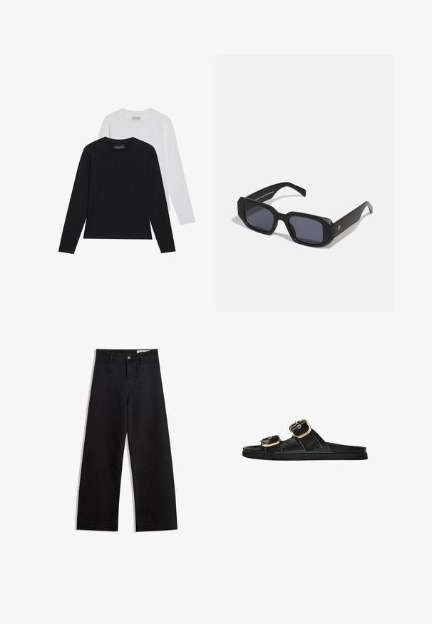 Dvoje tričiek s dlhým rukávom: jedno čierne a jedno biele. Obe majú okrúhly výstrih a hladkú, rebrovanú štruktúru. Na vnútornom strane výstrihu je viditeľná značka.; Čierne denimové nohavice s širokými nohavicami a vysokým pásom, so prednými a zadnými vreckami, šitými švami a zapínaním na gombík. Hladká textúra.; Čierne šľapky s dvoma zlatými prackami, hladký textúrovaný materiál, plochá podrážka a minimalistický dizajn.; Čierne obdĺžnikové slnečné okuliare s matným povrchom, vybavené tmavými šošovkami a hrubými, uhlovými rámami. Minimalistický dizajn s bez viditeľných log.; Čierna laková kožená kabelka s ohnutým tvarom, jedným ramenným popruhom, prednými vreckami a striebornými kovovými doplnkami.